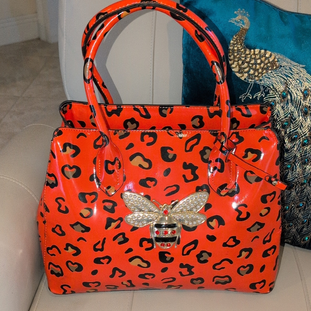 Orange Leopard Print Satchel with Bee Accent